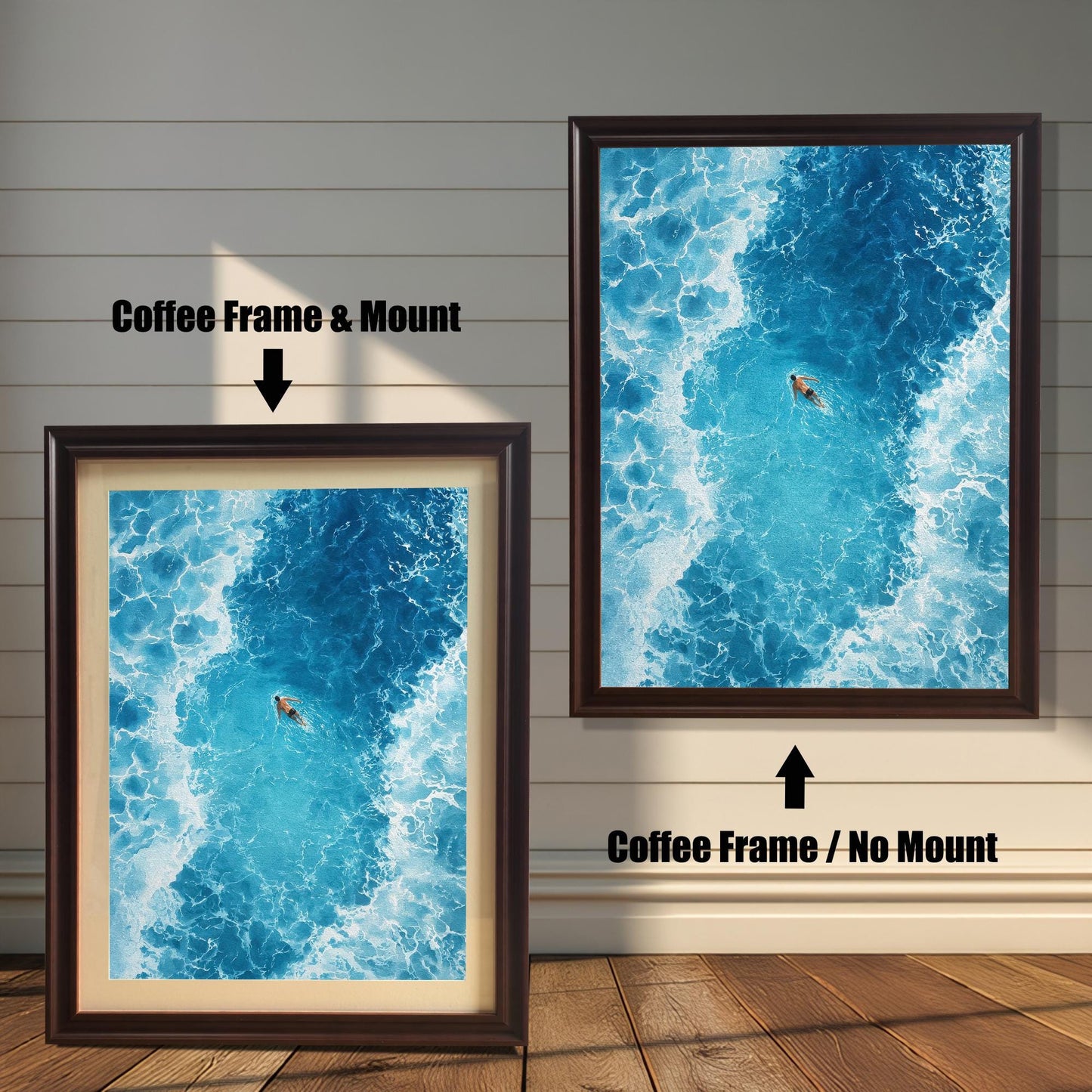 Comparison of the ocean art print with a Coffee frame. The image on the left has a 'Mount' (mat board) and is leaning against the wall. The image on the right is hanging and has 'No Mount'. Both have a dark brown, or 'Coffee', wood frame.