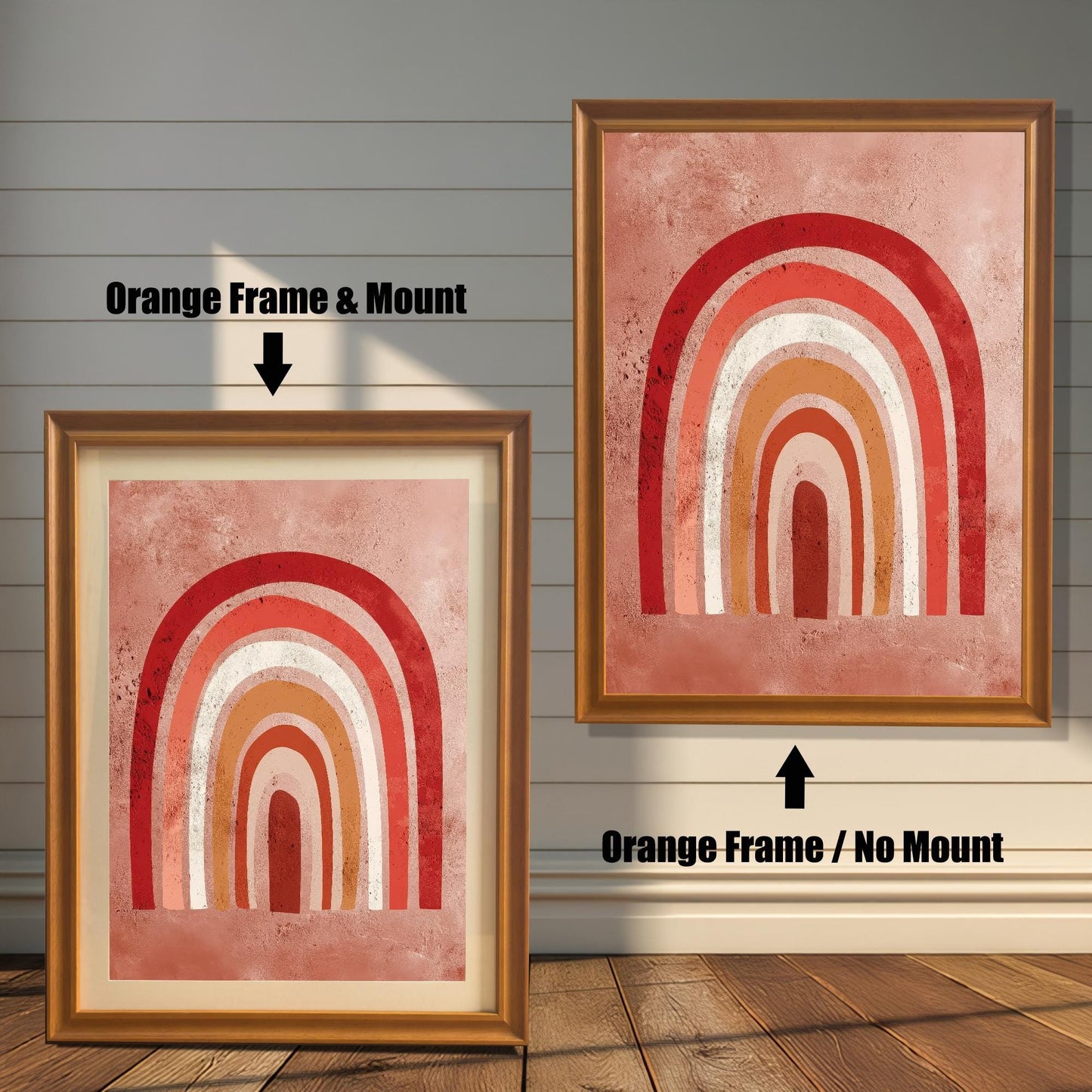 Comparison of the boho rainbow art print with an Orange frame. The image on the left has a 'Mount' (mat board) and is leaning against the wall. The image on the right is hanging and has 'No Mount'. Both have an Orange/light brown wood frame.
