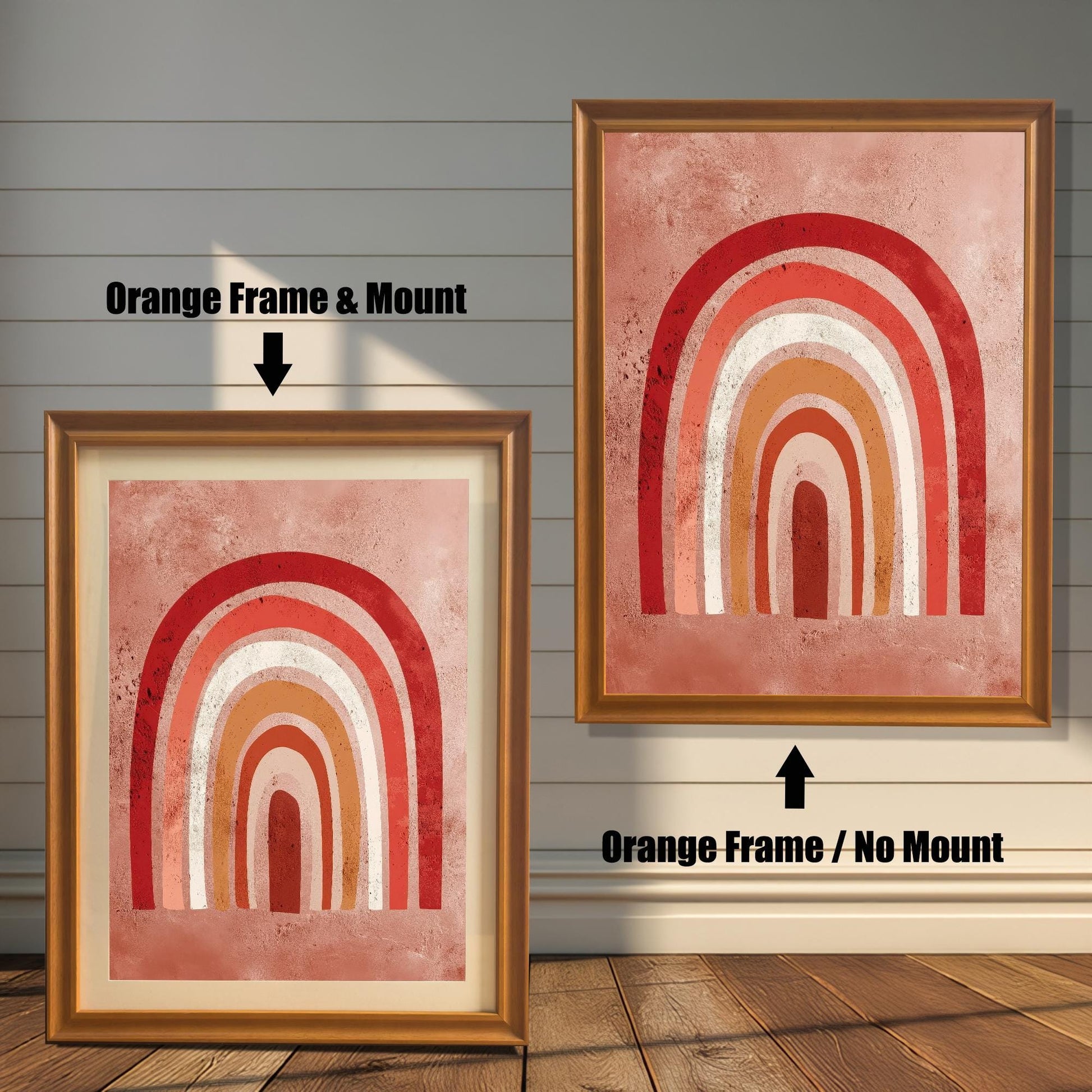 Comparison of the boho rainbow art print with an Orange frame. The image on the left has a 'Mount' (mat board) and is leaning against the wall. The image on the right is hanging and has 'No Mount'. Both have an Orange/light brown wood frame.