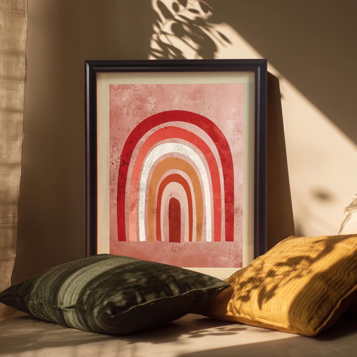 The boho rainbow art print framed in a Coffee/dark brown frame with a mat (mount), leaning against a wall and surrounded by dark green and yellow cushions. Plant shadows are cast across the art and cushions.