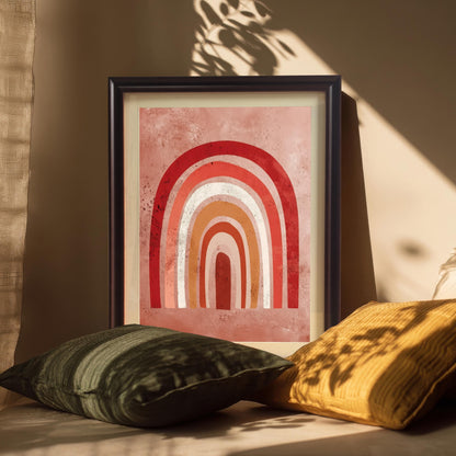 The boho rainbow art print framed in a Coffee/dark brown frame with a mat (mount), leaning against a wall and surrounded by dark green and yellow cushions. Plant shadows are cast across the art and cushions.