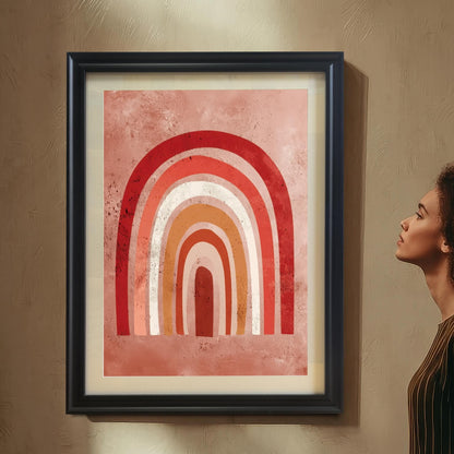 A woman with curly hair is standing in an interior space, looking up and admiring the framed boho rainbow art print, which is hanging on a textured, neutral-colored wall. The frame is Black.
