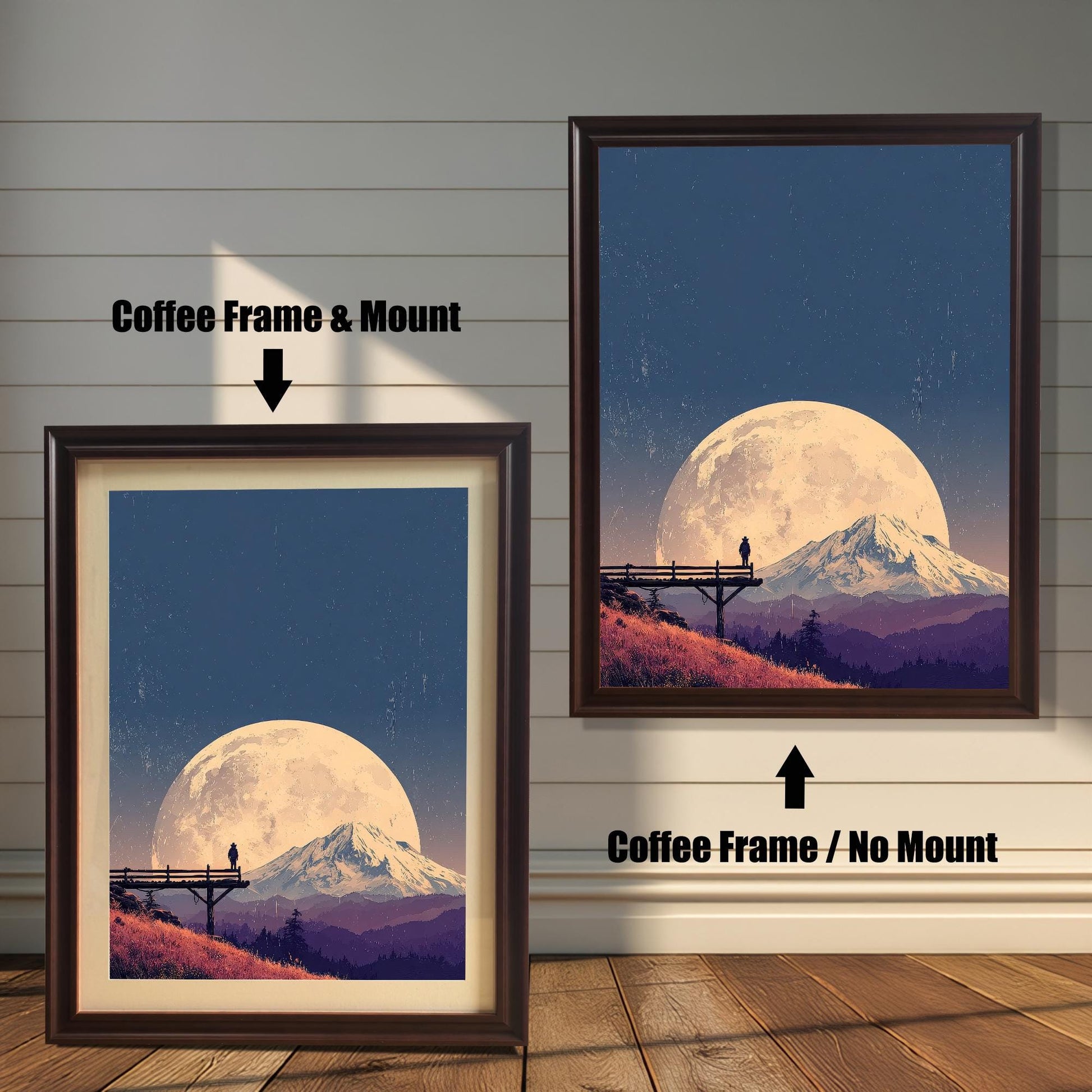 Landscape art print, side-by-side comparison of a coffee/dark brown wood frame with a mount (mat) and a coffee wood frame with no mount, against a white panel wall.