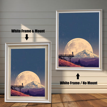 Landscape art print, side-by-side comparison of a white wood frame with a mount (mat) and a white wood frame with no mount, against a white panel wall.