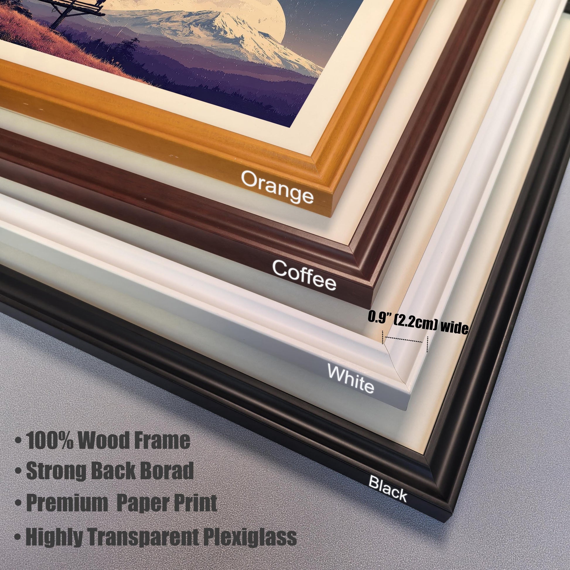 Detailed view of the four available wood frame colors (Orange, Coffee, White, Black) for the print, listing features like ""100% Wood Frame,"" ""Strong Back Board,"" and ""Highly Transparent Plexiglass.""