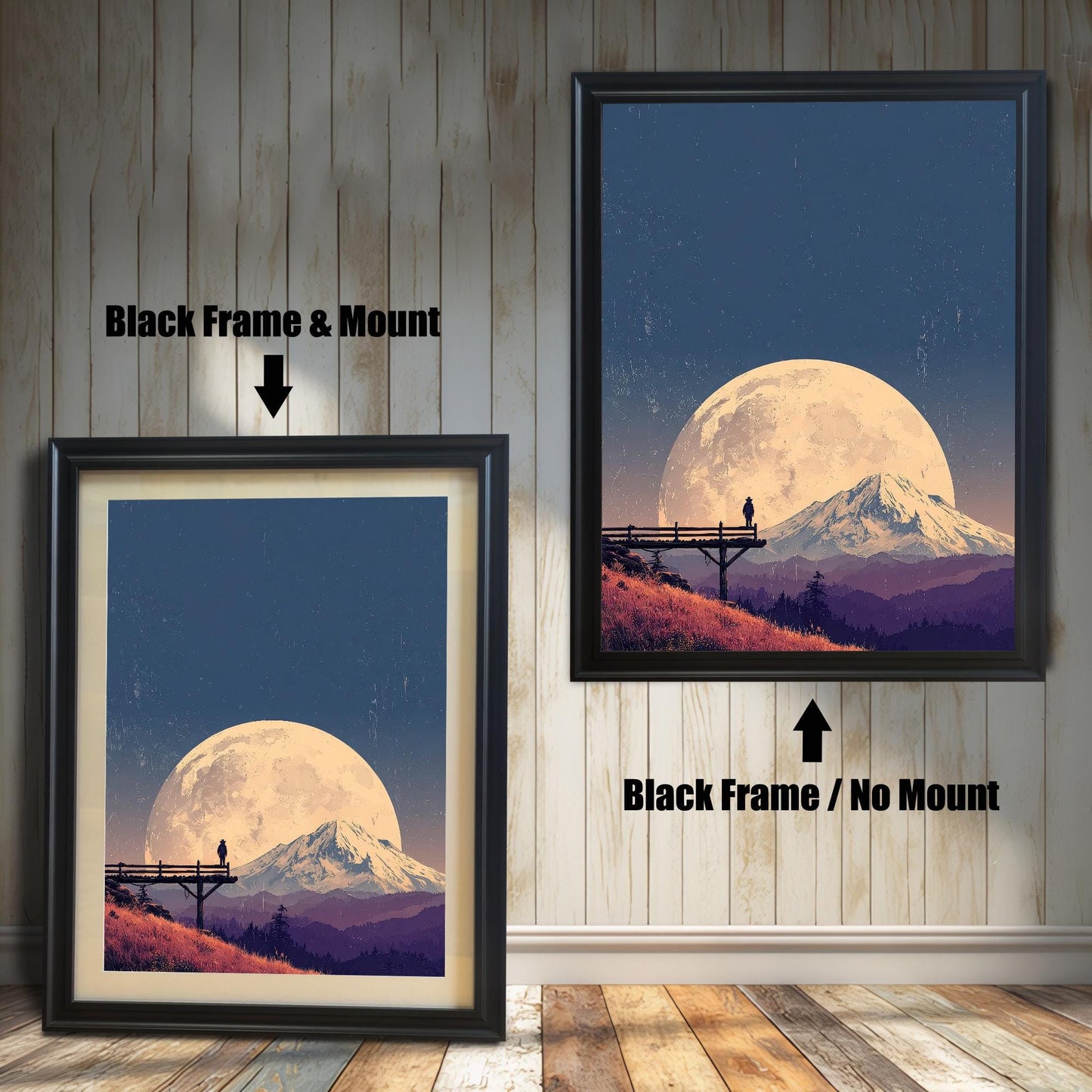 Landscape art print, side-by-side comparison of a black wood frame with a mount (mat) and a black wood frame with no mount, against a white panel wall.