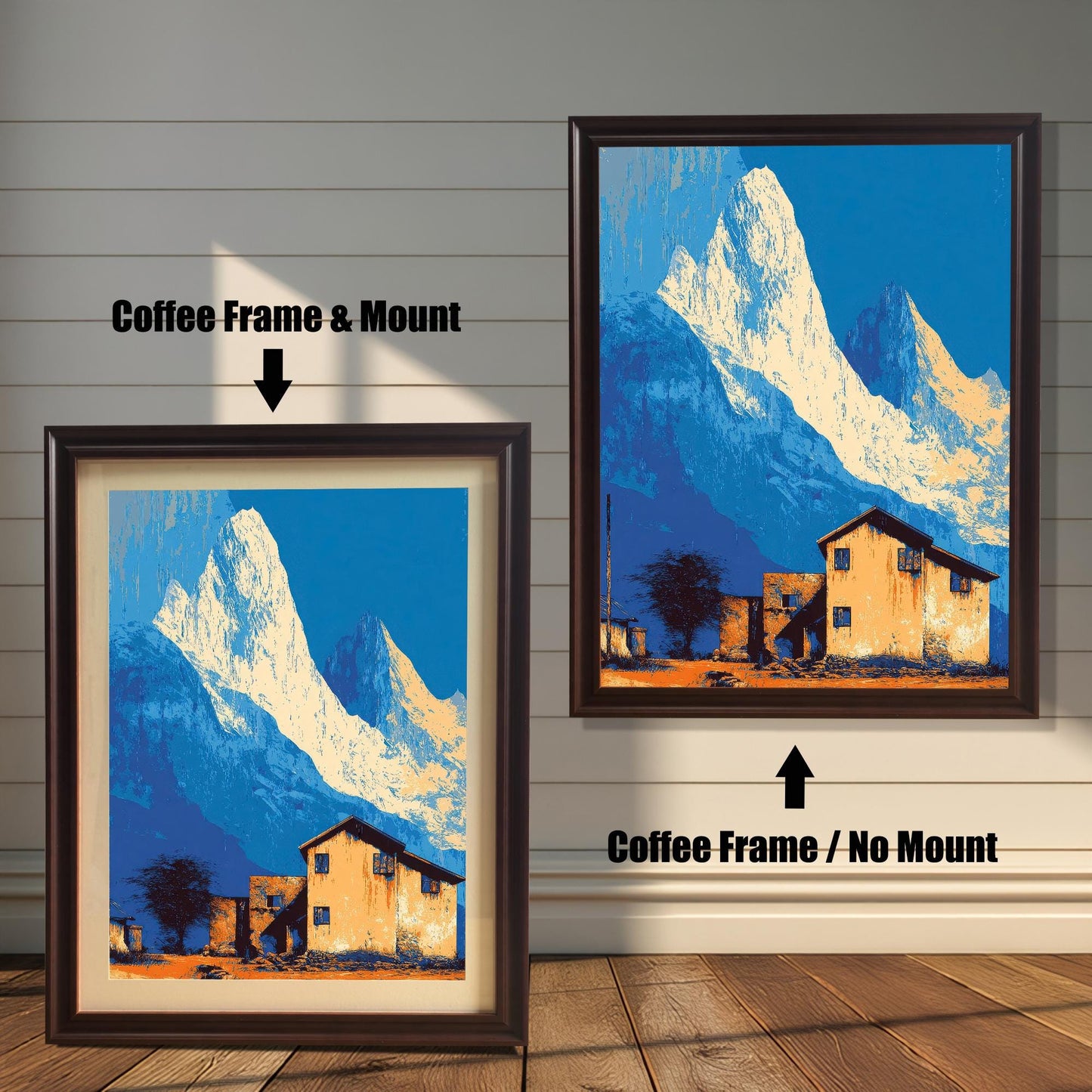 Landscape art print, side-by-side comparison of a coffee/dark brown wood frame with a mount (mat) and a coffee wood frame with no mount, featuring a bright blue mountain scene.