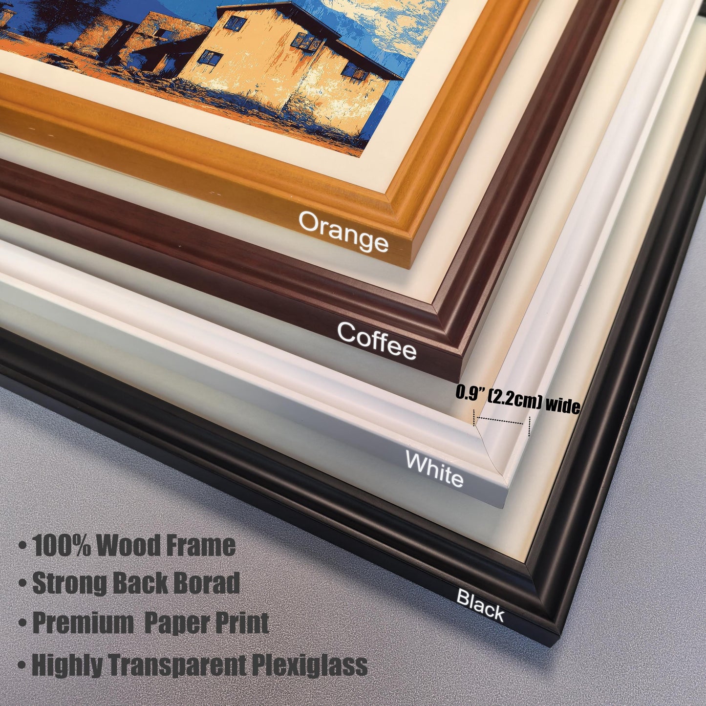 Detailed view of the four available wood frame colors (Orange, Coffee, White, Black) for the print, listing features like ""100% Wood Frame,"" ""Premium Paper Print,"" and ""Highly Transparent Plexiglass.""