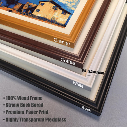 Detailed view of the four available wood frame colors (Orange, Coffee, White, Black) for the print, listing features like ""100% Wood Frame,"" ""Premium Paper Print,"" and ""Highly Transparent Plexiglass.""