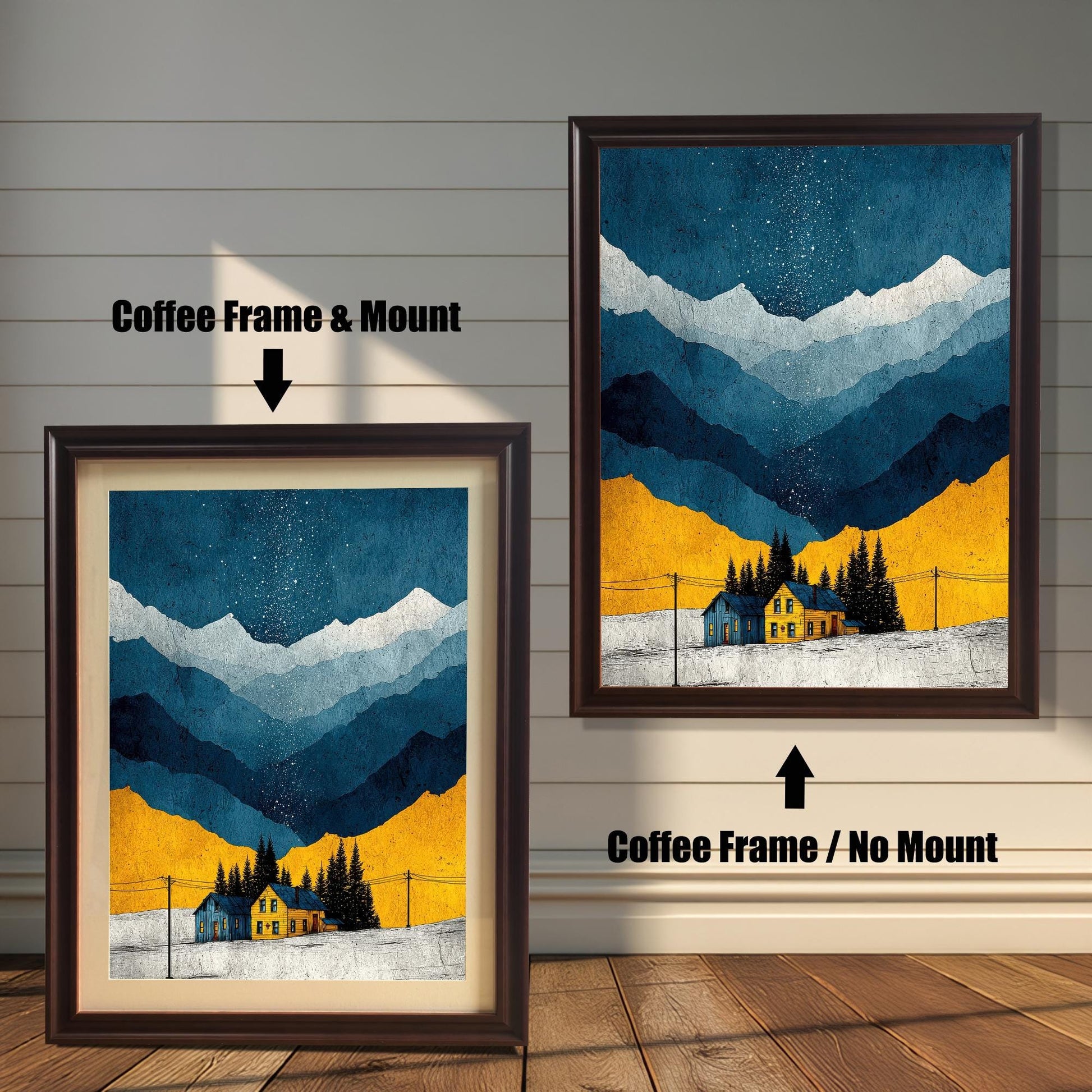 A comparison image showing the art print in a Coffee Frame & Mount (with a white mat) on the left, and a Coffee Frame / No Mount (full bleed print) on the right, against a white wainscoted wall.