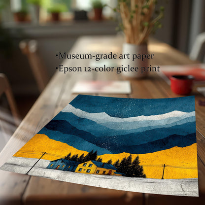 A close-up of the unframed print lying on a wooden table, emphasizing the texture and print quality. Text describes the materials as ""Museum-grade art paper"" and ""Epson 12-color giclee print.""