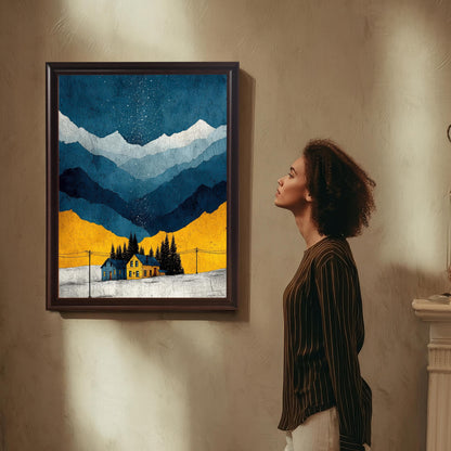 A woman in a striped shirt stands in a sunlit room, looking up at the art print mounted on a textured wall. The frame is a dark, Coffee (or brown) color.