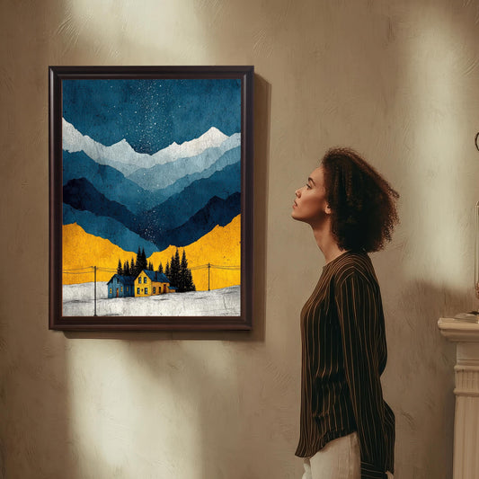 A woman in a striped shirt stands in a sunlit room, looking up at the art print mounted on a textured wall. The frame is a dark, Coffee (or brown) color.
