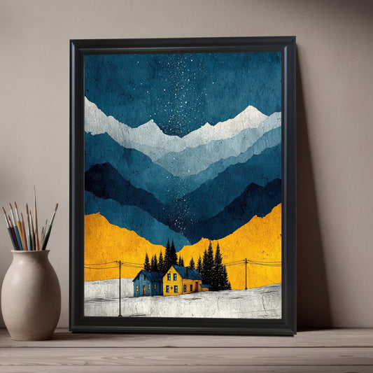 A close-up of the art print in a Black Frame / No Mount (full bleed print) leaning on a light wooden surface next to a vase holding various paintbrushes.
