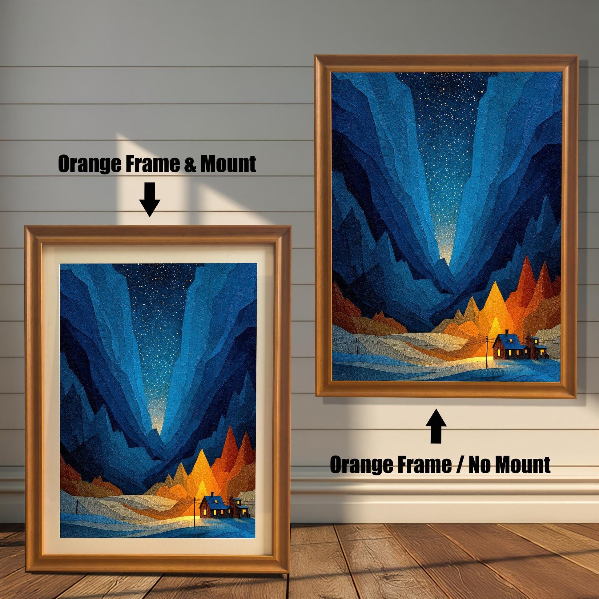 A comparison image showing the art print in an Orange Frame & Mount (with a light mat) on the left, and an Orange Frame / No Mount (full bleed print) on the right, against a white wainscoted wall.