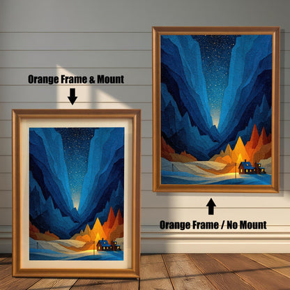 A comparison image showing the art print in an Orange Frame & Mount (with a light mat) on the left, and an Orange Frame / No Mount (full bleed print) on the right, against a white wainscoted wall.