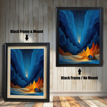 A comparison image showing the art print in a Black Frame & Mount (with a light mat) on the left, and a Black Frame / No Mount (full bleed print) on the right, against a wooden plank wall background.