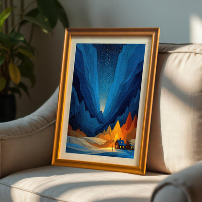 The framed art print in an Orange frame (or light wood frame) with a mat, leaning against a beige armchair in a sunlit room.