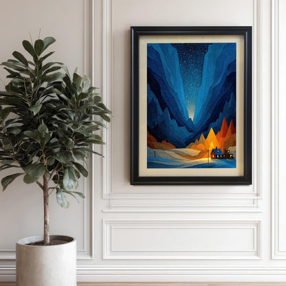 The geometric art print in a Black Frame with a mat/mount hanging on a white paneled wall next to a large potted plant (ficus lyrata/fiddle-leaf fig).