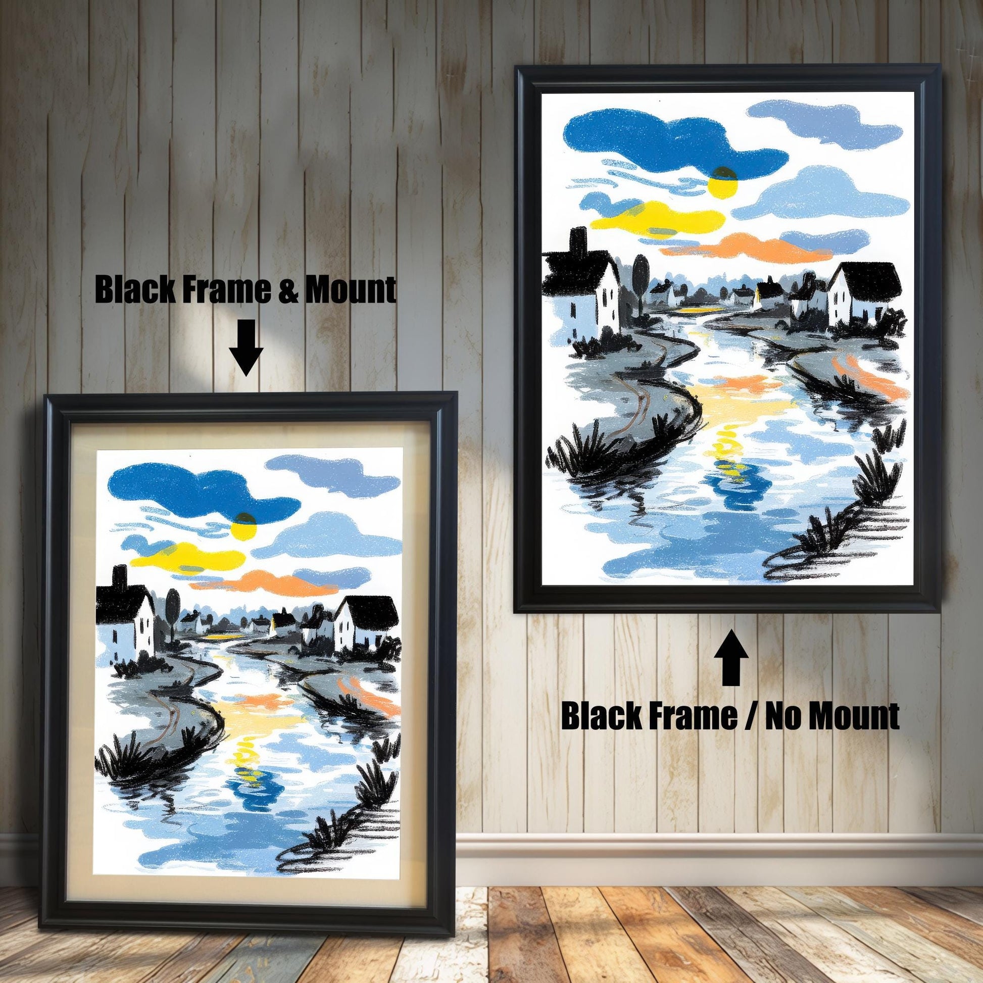 A comparison image showing the river art print in a Black Frame & Mount (with a light mat) on the left, and a Black Frame / No Mount (full bleed print) on the right, against a wooden plank wall background.
