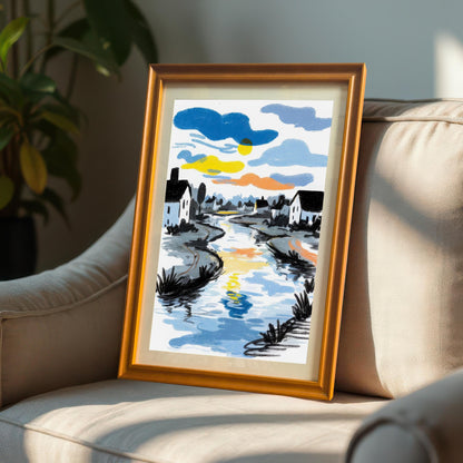 The framed river art print in an Orange frame (or light wood frame) with a mat, leaning against a beige armchair in a sunlit room.