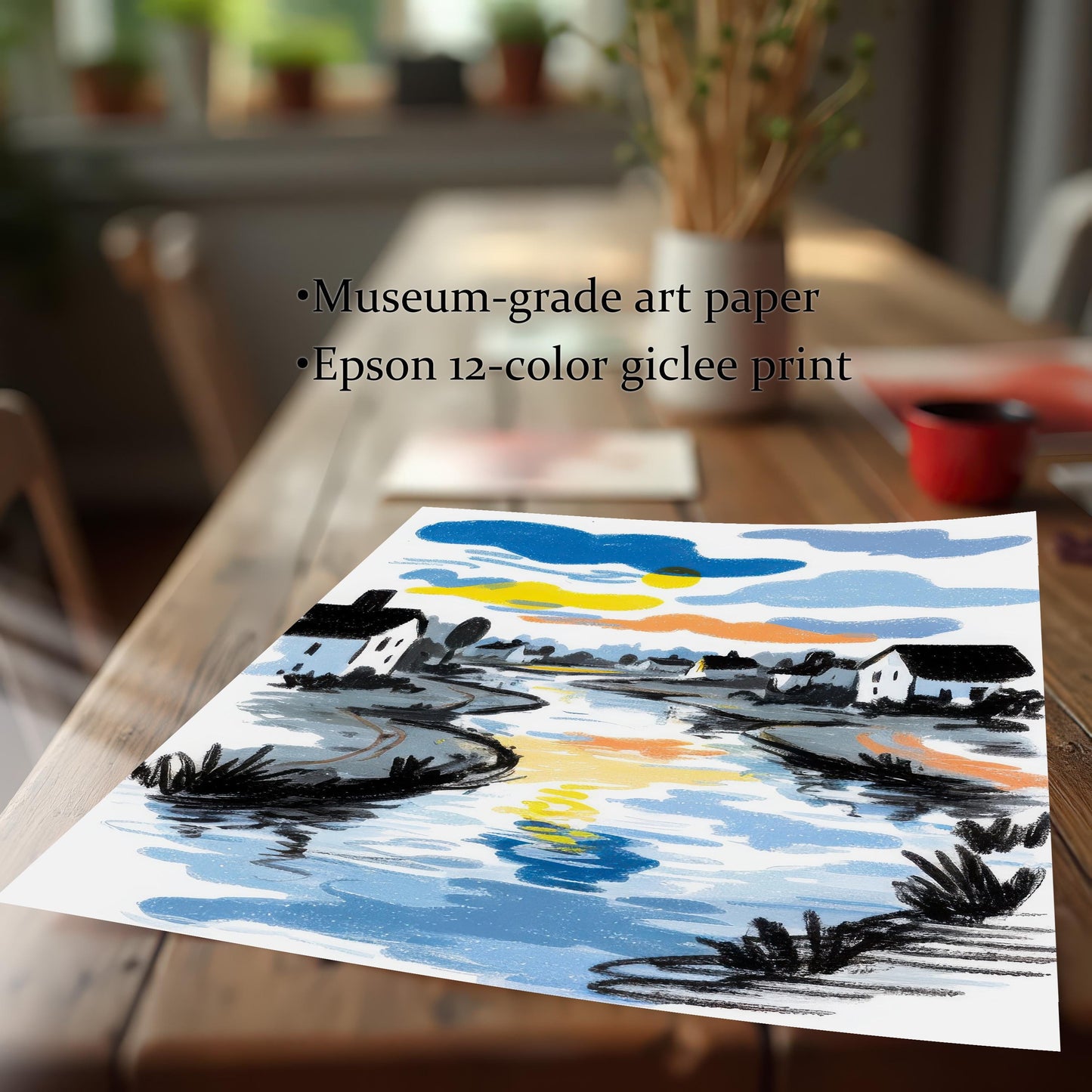 A close-up image of the unframed river art print lying on a wooden table. Text highlights the print quality: ""Museum-grade art paper"" and ""Epson 12-color giclee print.""