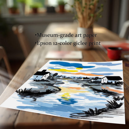 A close-up image of the unframed river art print lying on a wooden table. Text highlights the print quality: ""Museum-grade art paper"" and ""Epson 12-color giclee print.""