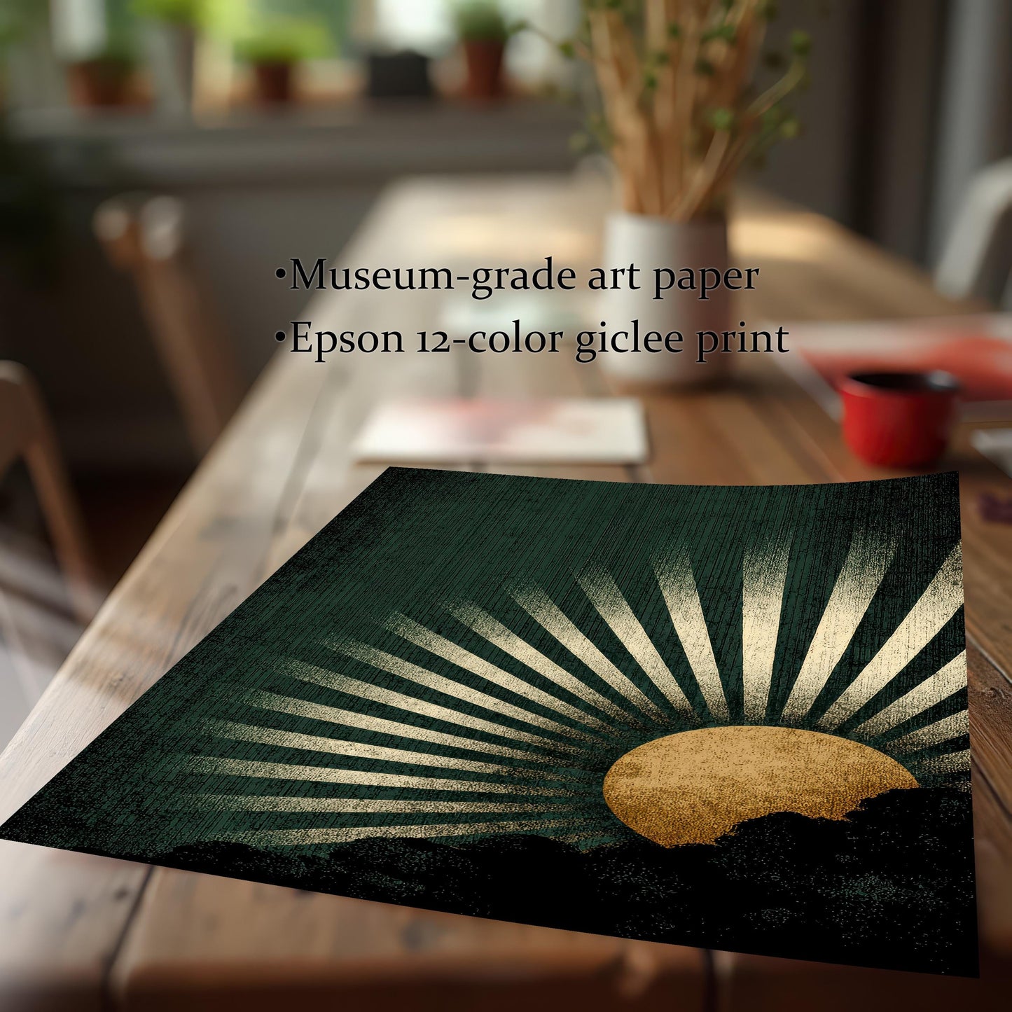 Close-up shot of the dark green and gold sunburst art print on a wooden table, highlighting the texture and quality. Text overlay lists: ""Museum-grade art paper"" and ""Epson 12-color giclee print.""