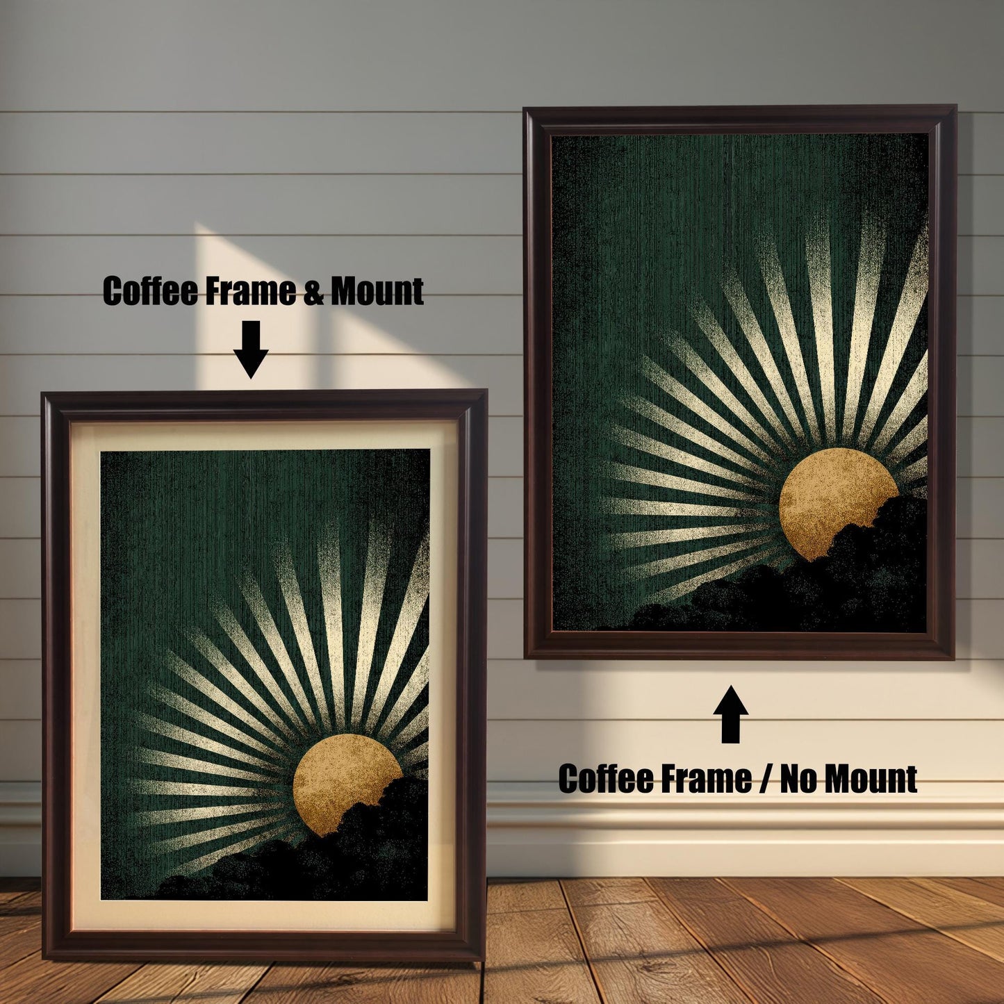 A side-by-side comparison of the dark green and gold sunburst art print framed in a Coffee Frame. The image on the left shows the print with a mount (matting), and the image on the right shows it without a mount.
