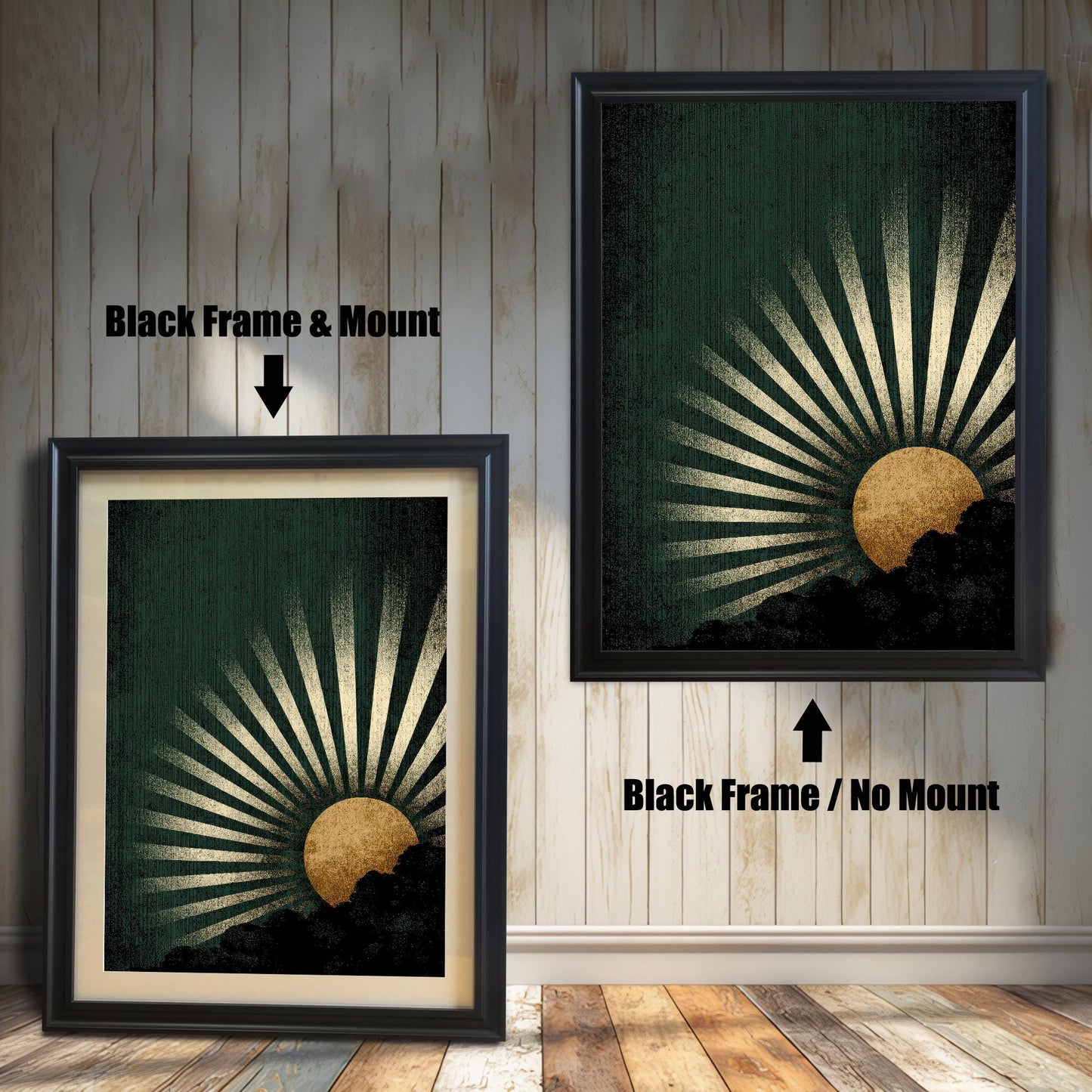 A side-by-side comparison of the dark green and gold sunburst art print framed in a Black Frame. The image on the left shows the print with a mount (matting), and the image on the right shows it without a mount.