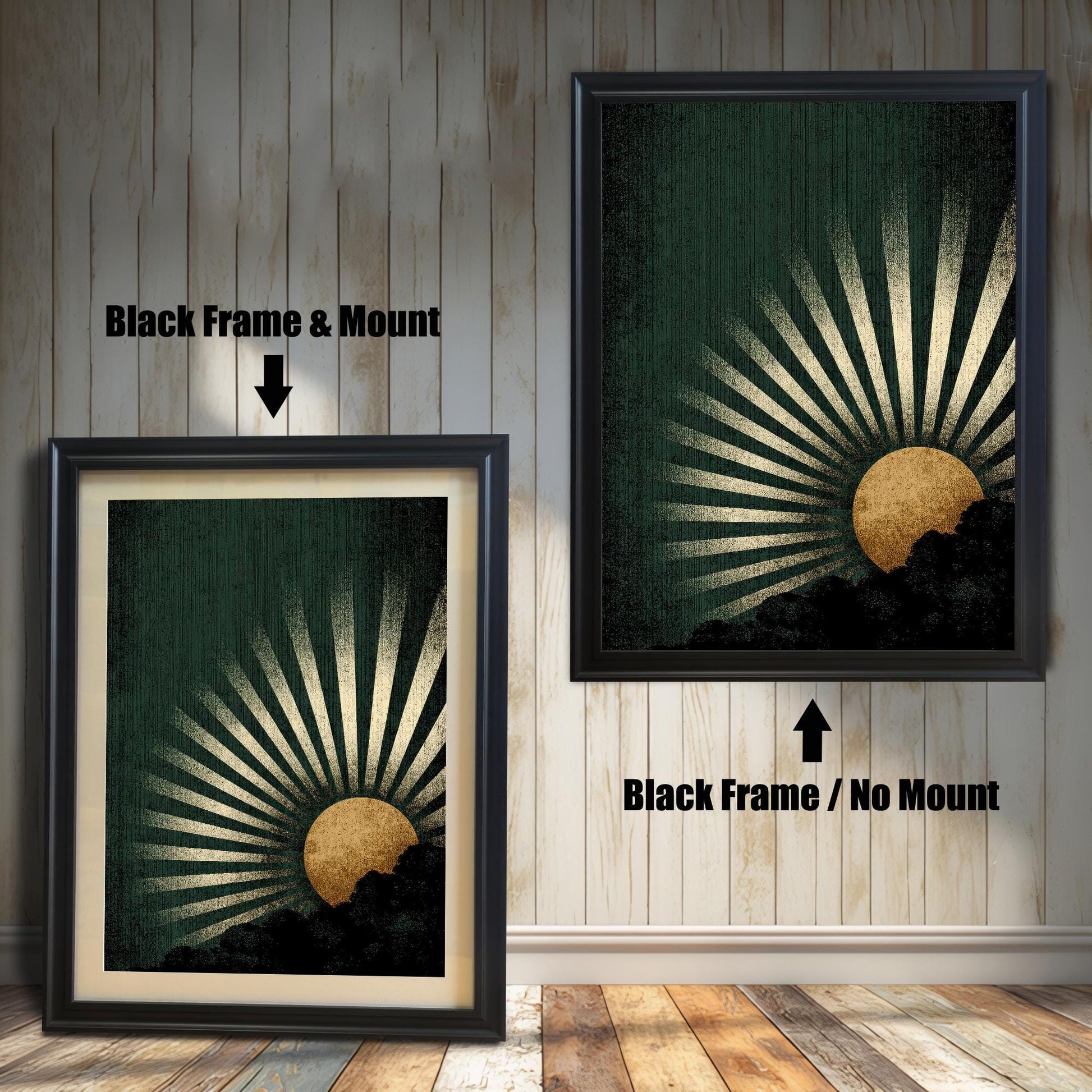 A side-by-side comparison of the dark green and gold sunburst art print framed in a Black Frame. The image on the left shows the print with a mount (matting), and the image on the right shows it without a mount.