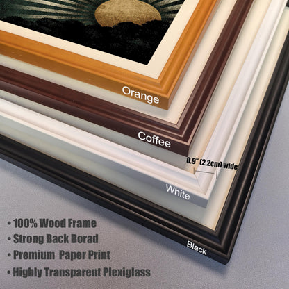 Close-up image of the four available wooden frame corners stacked on top of each other, labeled: Orange, Coffee, White, Black. The frame width is shown as 0.9"" (2.2cm) wide. Text lists: ""100% Wood Frame,"" ""Strong Back Board,"" ""Premium Paper Print,"" and ""Highly Transparent Plexiglass.""