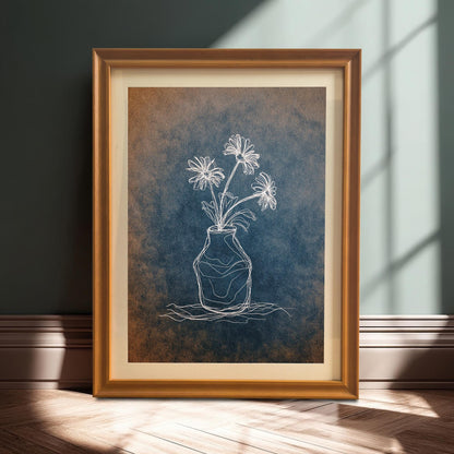 A full shot of the framed print in an orange/light brown wooden frame with a mat, leaning on the floor against a dark green wall, illuminated by a strip of sunlight. The artwork has a blue and rust-colored textured background.