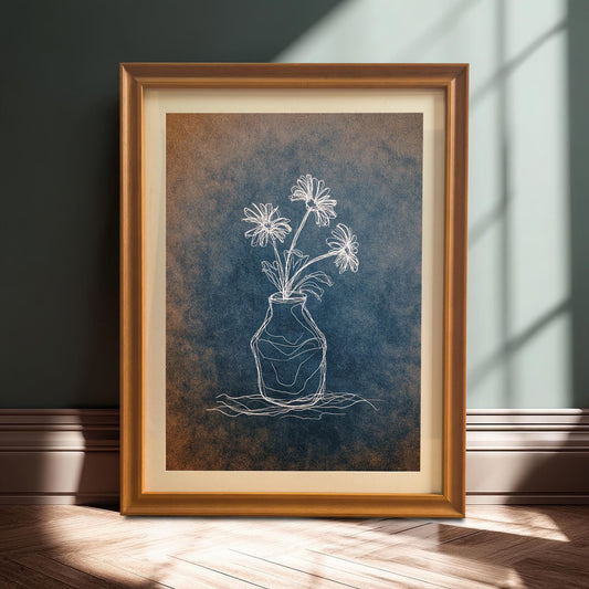 A full shot of the framed print in an orange/light brown wooden frame with a mat, leaning on the floor against a dark green wall, illuminated by a strip of sunlight. The artwork has a blue and rust-colored textured background.