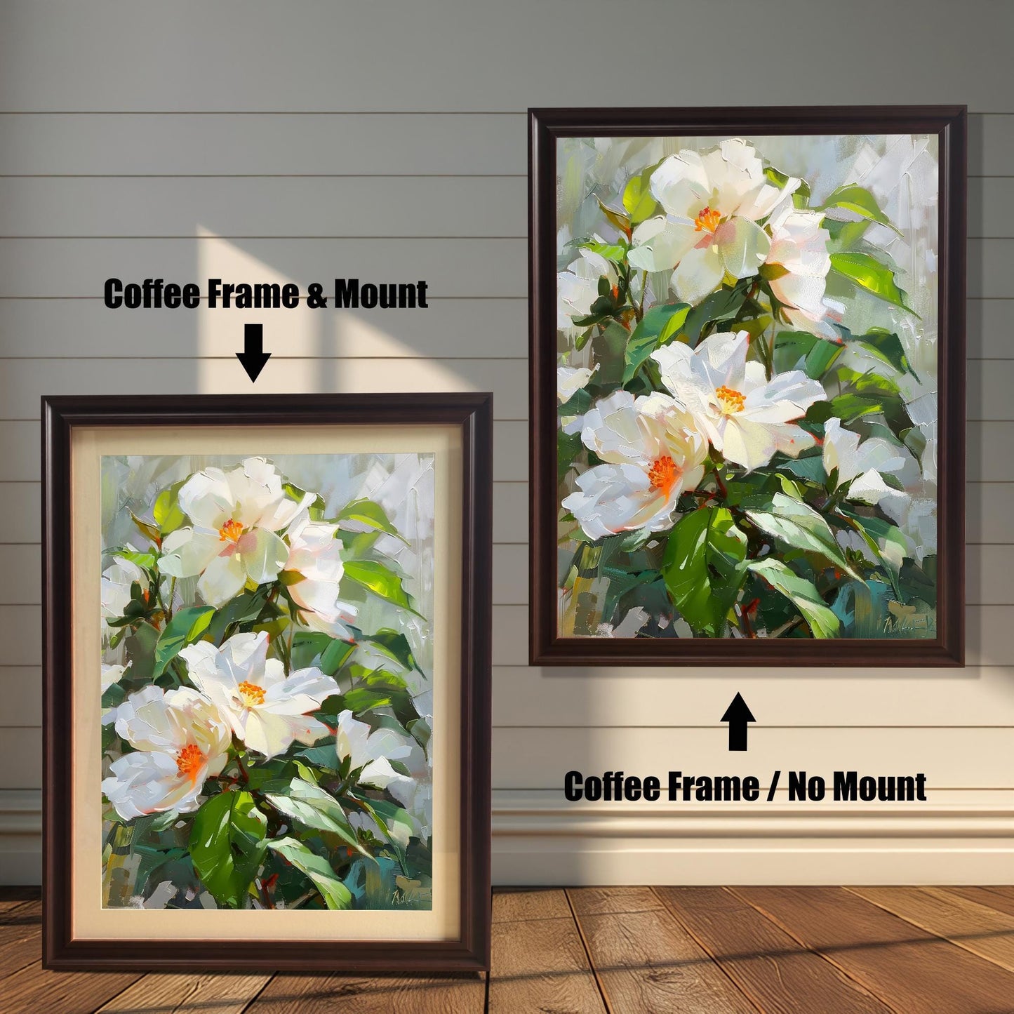 Comparison of the White Hibiscus floral print: left image in a Coffee Frame & Mount (matting), right image in a Coffee Frame / No Mount. Shown against a rustic wood panel wall.