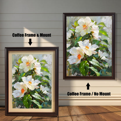 Comparison of the White Hibiscus floral print: left image in a Coffee Frame & Mount (matting), right image in a Coffee Frame / No Mount. Shown against a rustic wood panel wall.