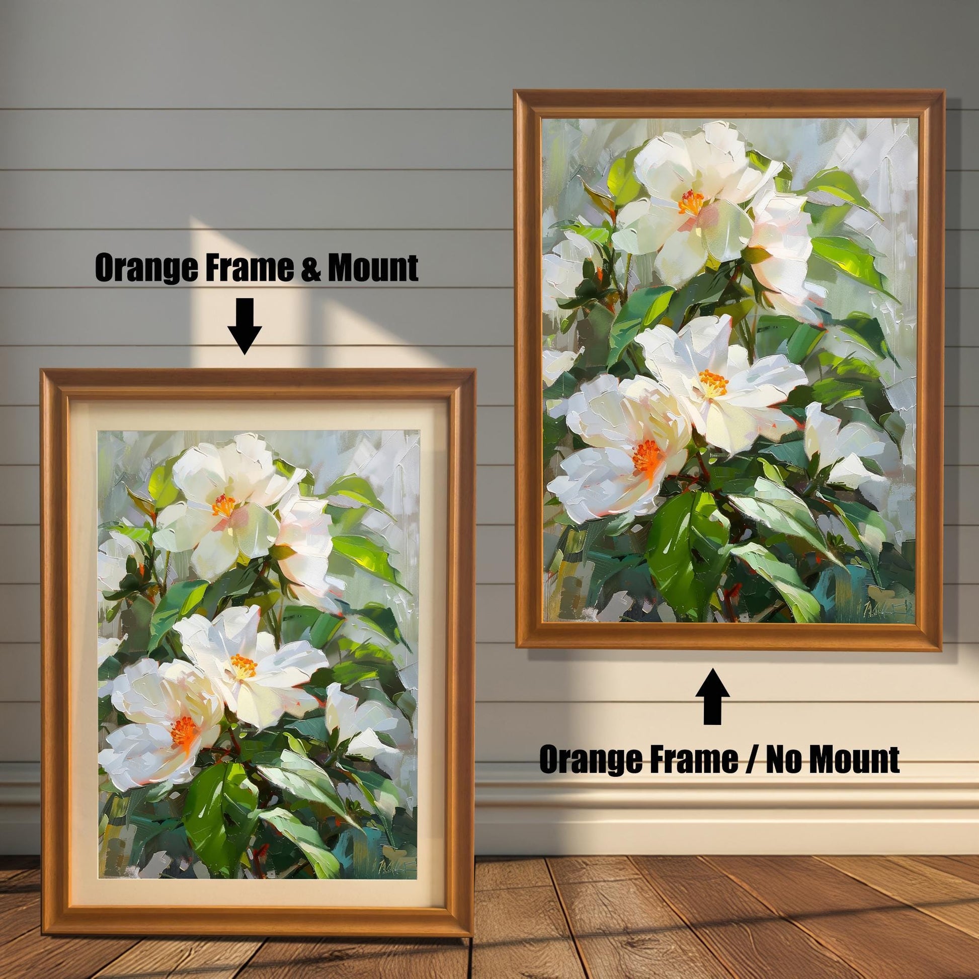 Comparison of the White Hibiscus floral print: left image in an Orange Frame & Mount (matting), right image in an Orange Frame / No Mount. Shown against a rustic wood panel wall.