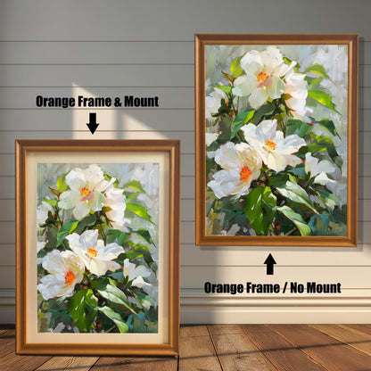 Comparison of the White Hibiscus floral print: left image in an Orange Frame & Mount (matting), right image in an Orange Frame / No Mount. Shown against a rustic wood panel wall.
