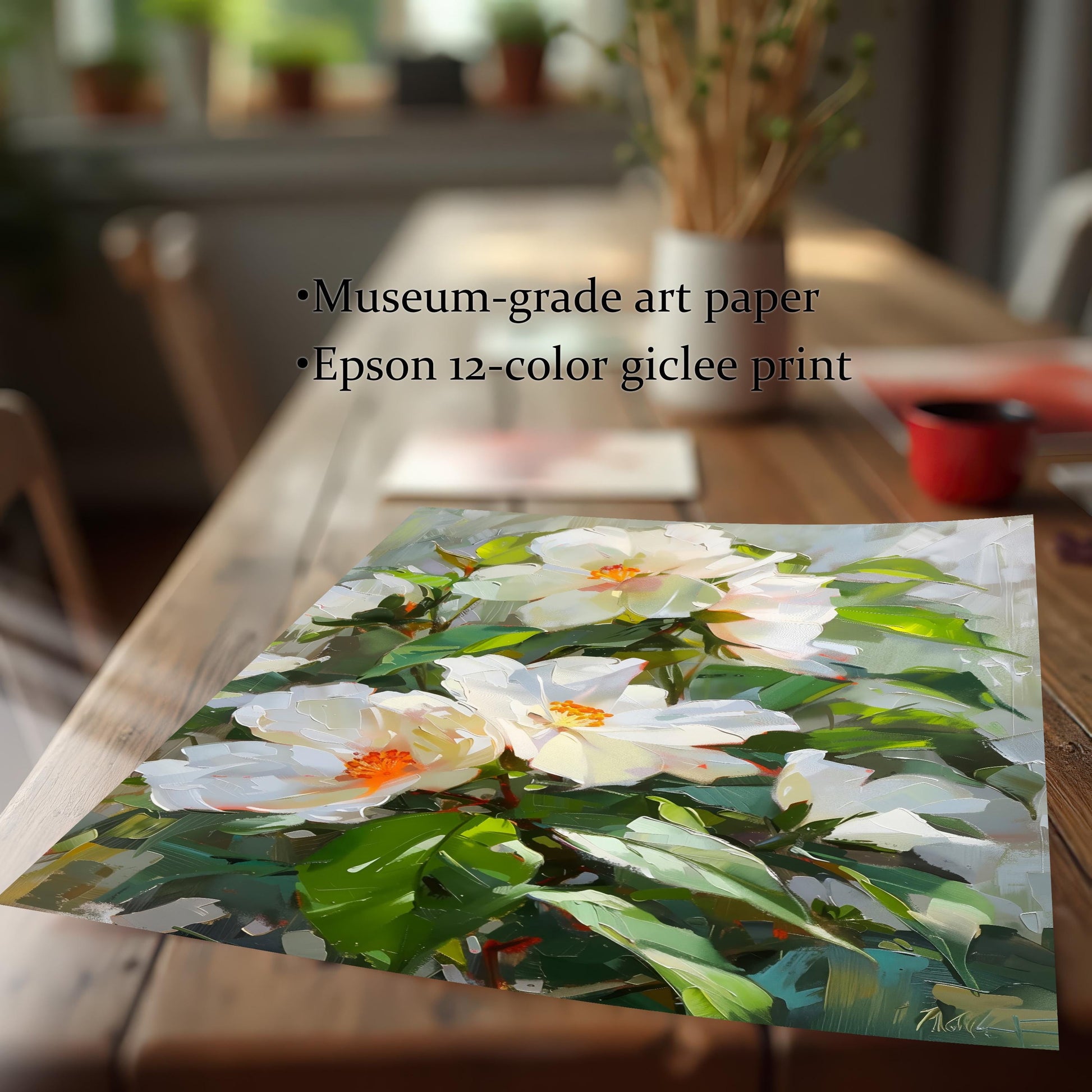 Close-up of the unframed White Hibiscus floral print showing the thick, painterly texture, highlighting the Museum-grade art paper and Epson 12-color giclee print quality.