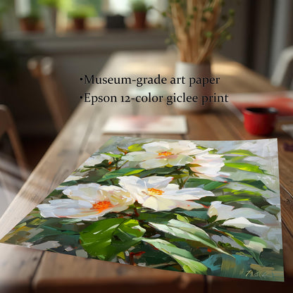 Close-up of the unframed White Hibiscus floral print showing the thick, painterly texture, highlighting the Museum-grade art paper and Epson 12-color giclee print quality.
