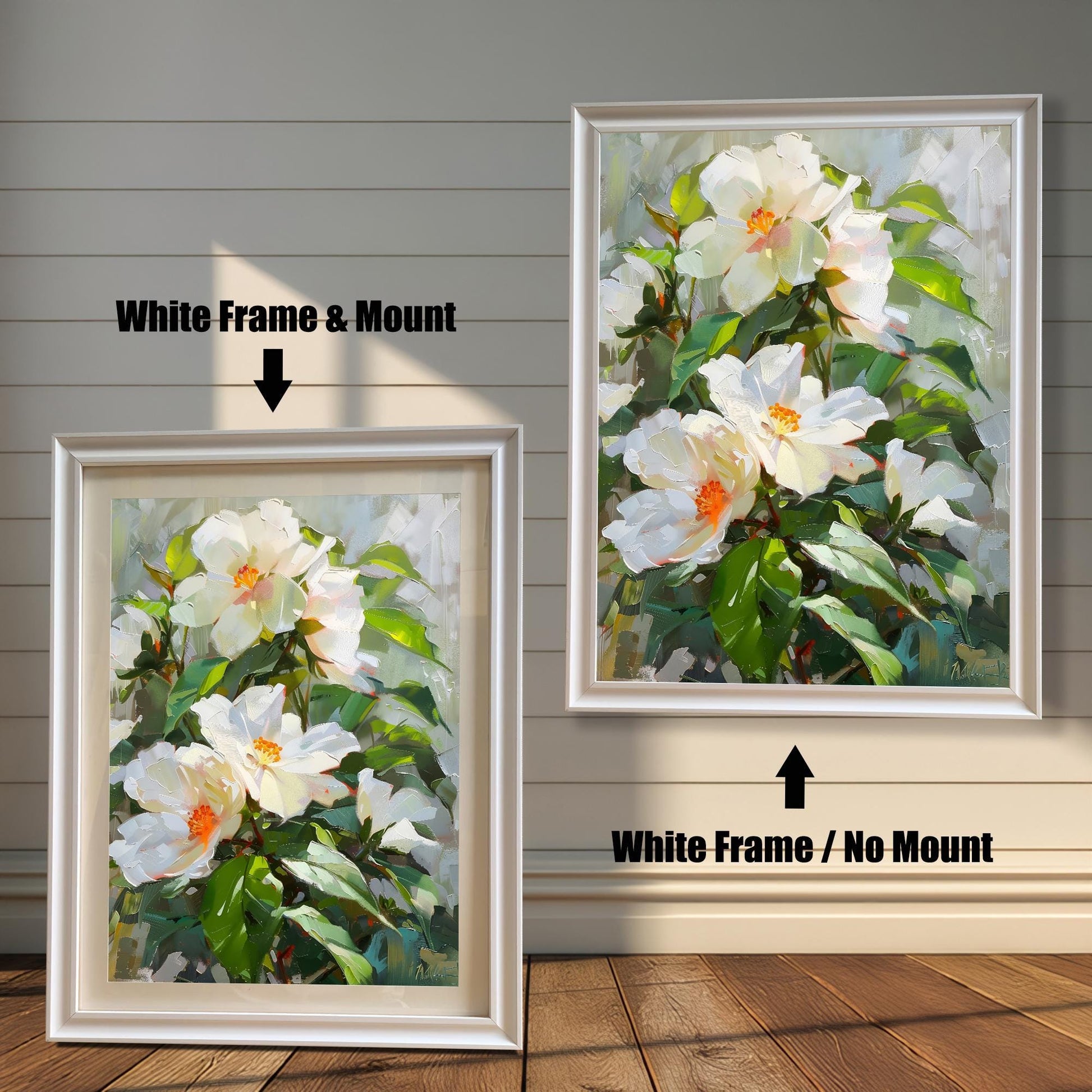Comparison of the White Hibiscus floral print: left image in a White Frame & Mount (matting), right image in a White Frame / No Mount. Shown against a rustic wood panel wall.