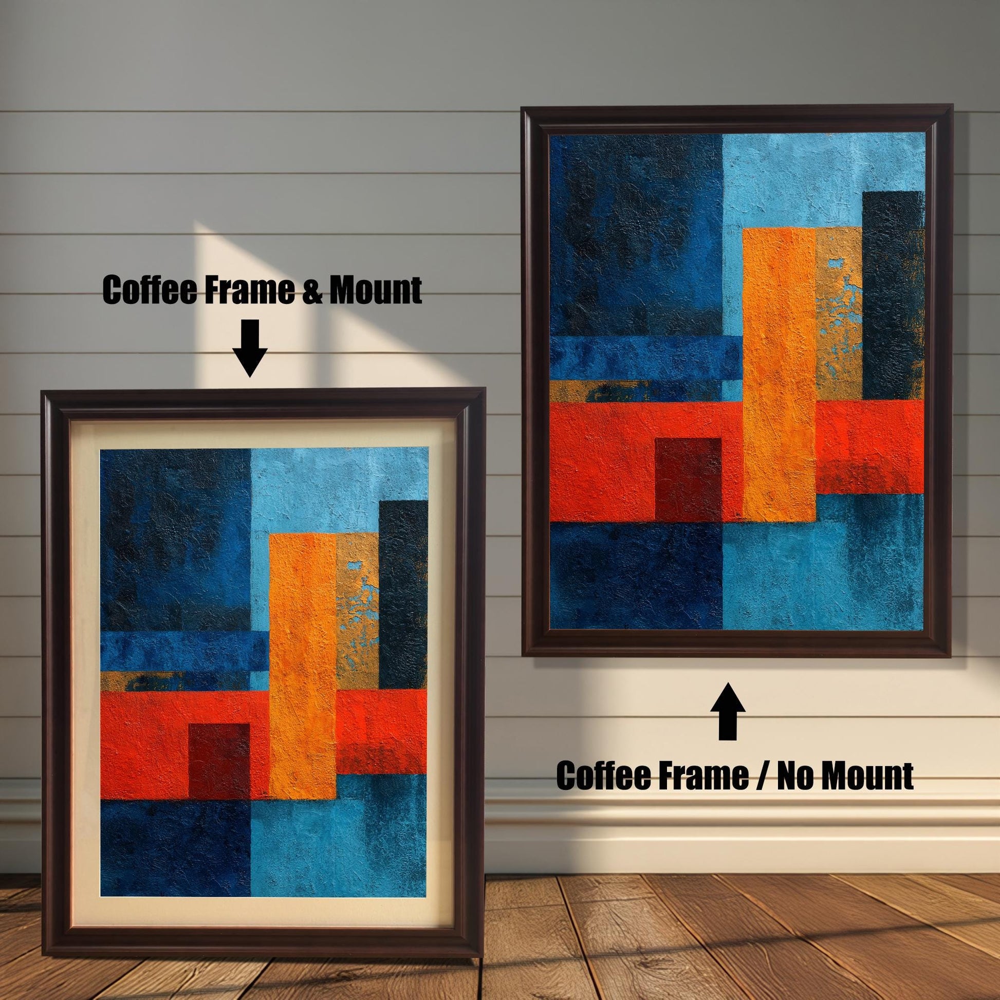 Comparison image showing the abstract art print in a Coffee Frame with a light-colored Mount (matting) on the left, and the same print in a Coffee Frame with No Mount on the right, against a white wooden wall.