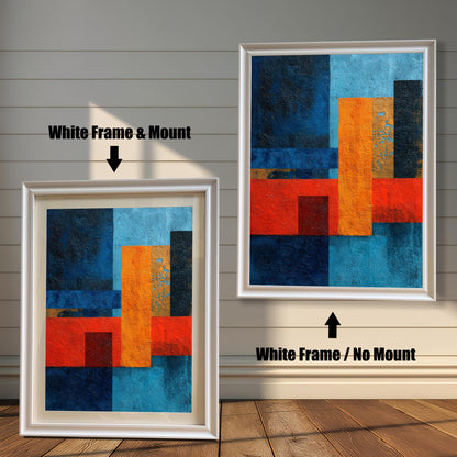 Comparison image showing the abstract art print in a White Frame with a light-colored Mount (matting) on the left, and the same print in a White Frame with No Mount on the right, against a white wooden wall.
