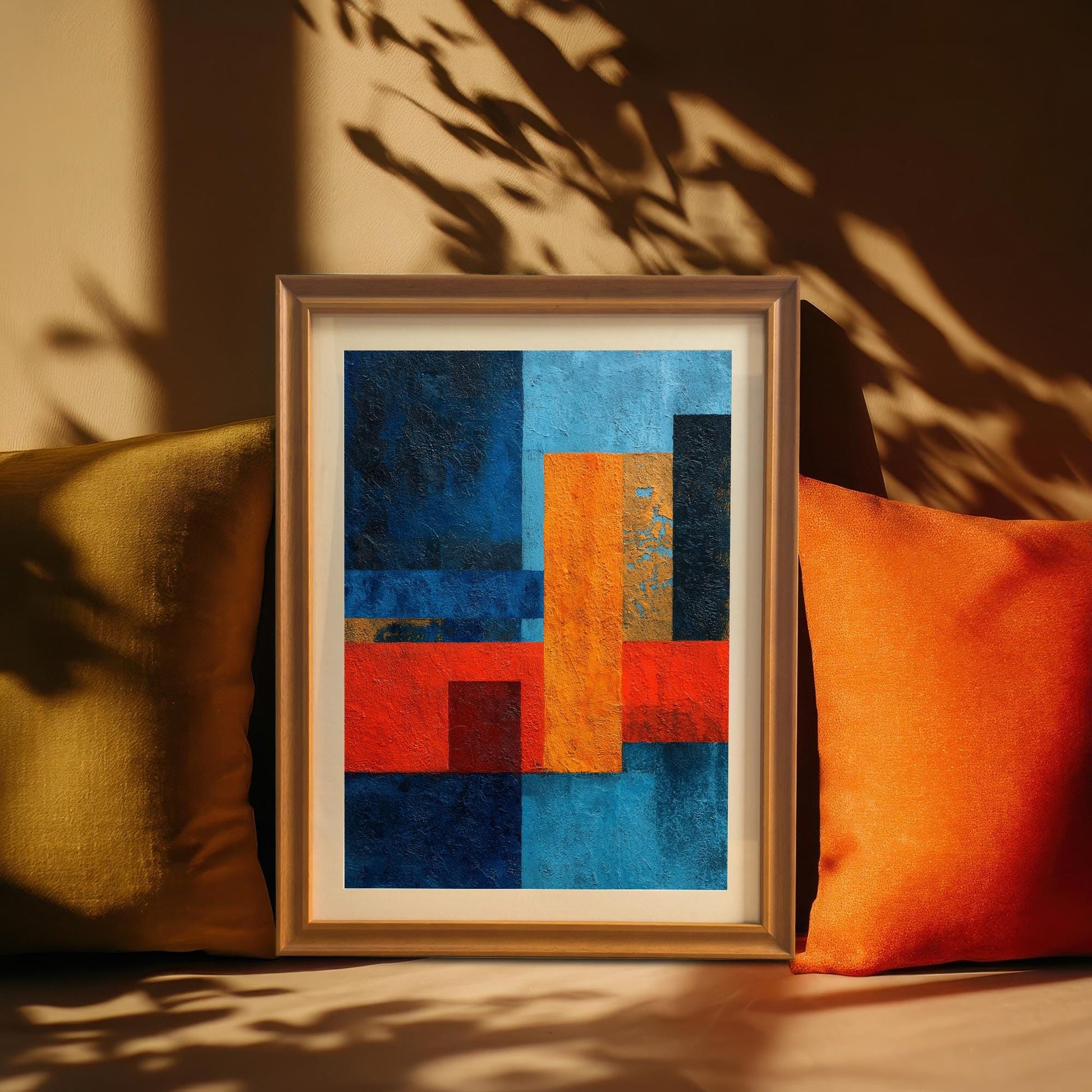 Abstract art print in an Orange wood frame with a light-colored mount, propped up between mustard and orange throw pillows on a couch, with dramatic shadows cast above.