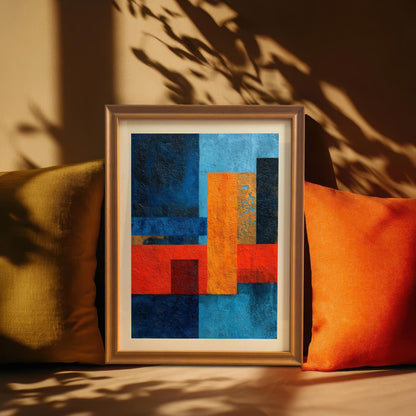 Abstract art print in an Orange wood frame with a light-colored mount, propped up between mustard and orange throw pillows on a couch, with dramatic shadows cast above.