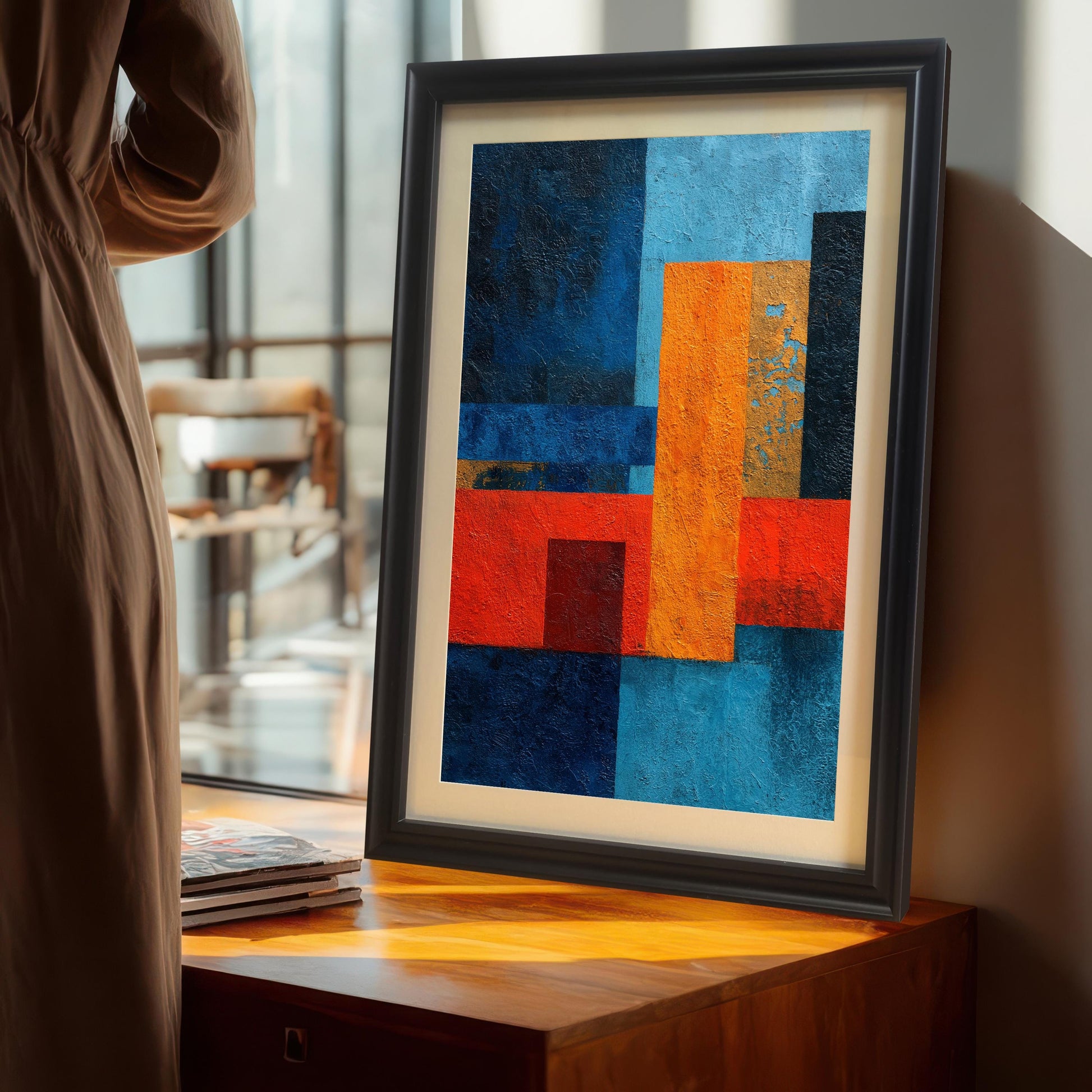 Abstract geometric art print framed in black wood with a mount, resting on a wooden side table near a window, with a person in a brown dress standing nearby.
