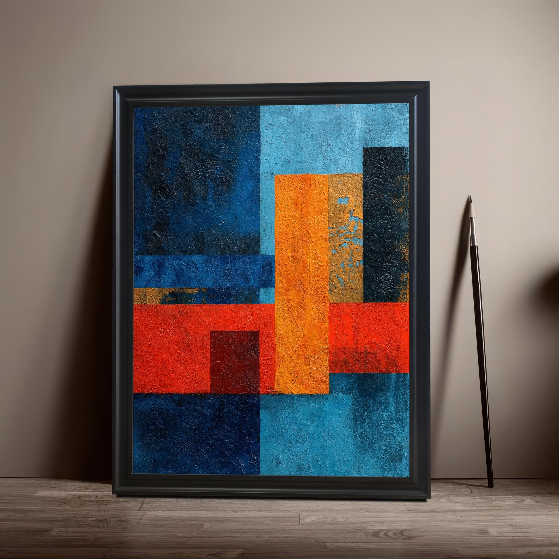 Abstract geometric art print in a black wood frame, leaning against a neutral gray wall and a dark wooden floor, with a black-framed object standing upright next to it.