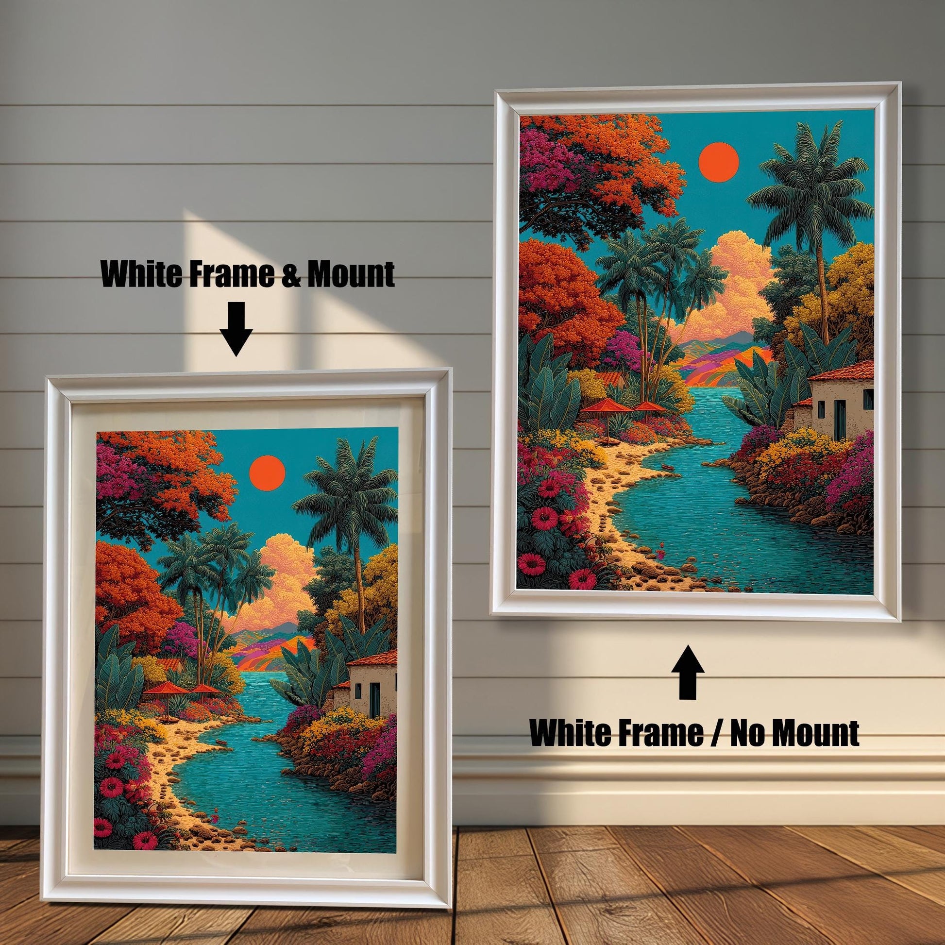 A side-by-side comparison of the vibrant tropical landscape art print framed in a White Frame. The image on the left shows the print with a mount (matting), and the image on the right shows it without a mount.