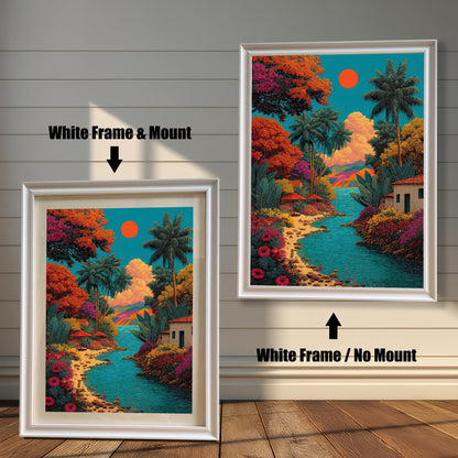 A side-by-side comparison of the vibrant tropical landscape art print framed in a White Frame. The image on the left shows the print with a mount (matting), and the image on the right shows it without a mount.