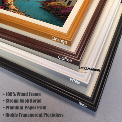 Close-up image of the four available wooden frame corners stacked on top of each other, labeled: Orange, Coffee, White, Black. The frame width is shown as 0.9"" (2.2cm) wide. Text lists: ""100% Wood Frame,"" ""Strong Back Board,"" ""Premium Paper Print,"" and ""Highly Transparent Plexiglass.""